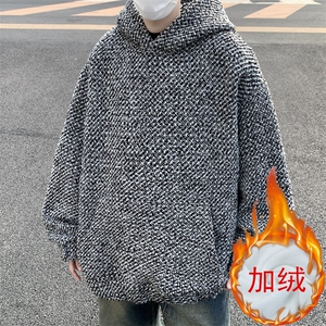 美式复古编织连帽卫衣潮牌宽松休闲加绒保暖百搭上衣图片
