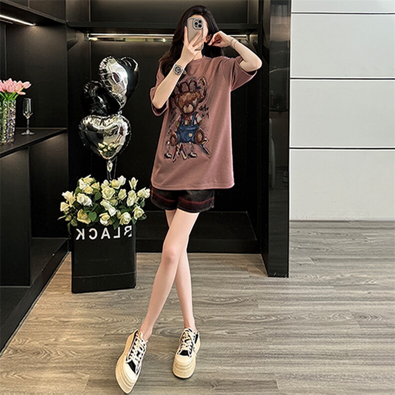韩系炸街休闲运动套装女夏新款圆领短袖小熊上衣宽松短裤两件套潮,女装套装/套裙,江南