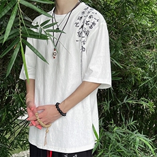 如墨新中式圆领文字刺绣流苏上衣T062-P35-控58，男装T恤，电商A021