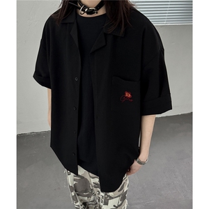 港风中性夏季新款刺绣花短袖衬衫男女装情侣冰丝半袖衬衣S313P48图片