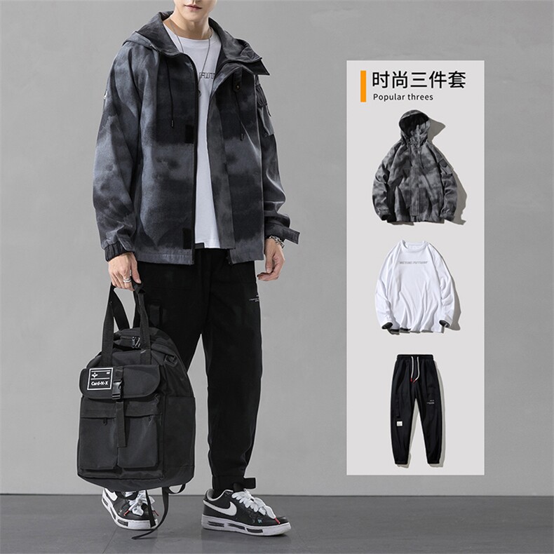 男装2021春秋季新款迷彩夹克套装男士韩版潮流工装三件套DF155T,男装夹克,电商A102