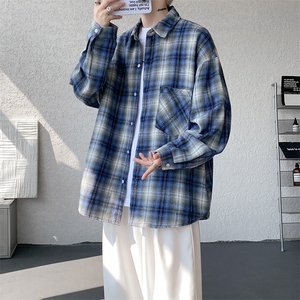 衬衫男春季新款港风宽松大码磨毛格子长袖衬衣CS2019-P35图片