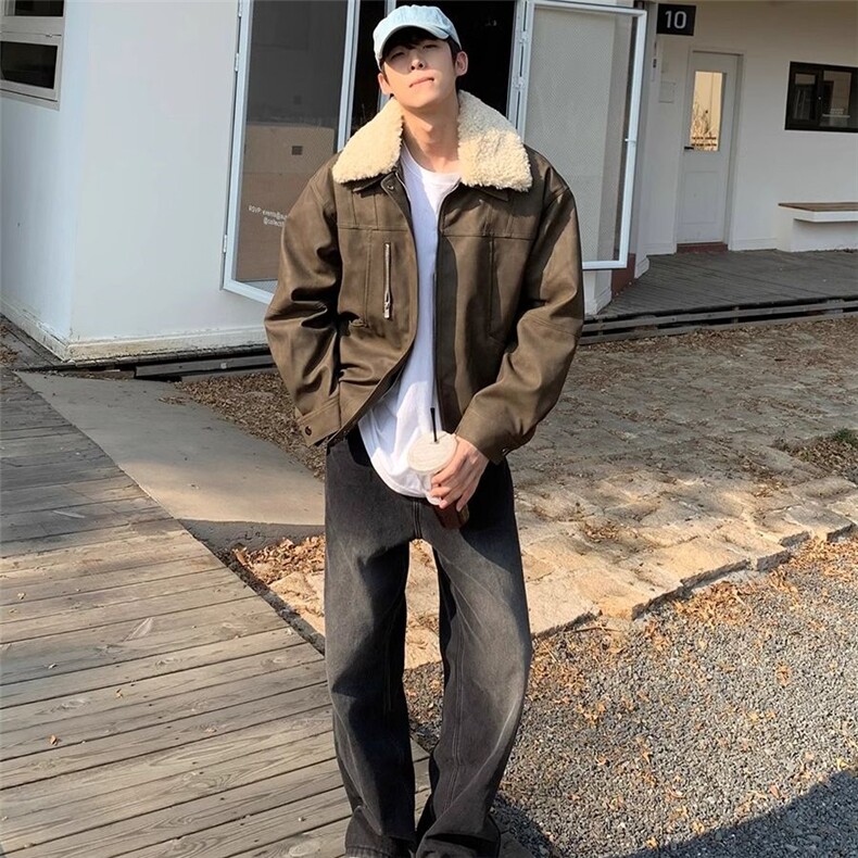 冬季复古毛领夹棉外套男加厚保暖美拉德皮衣机车服棉衣,男装夹克,星座506A