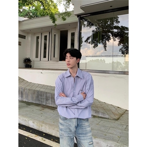 衬衫男长袖港风日系薄款宽松秋季高级条纹潮ins休闲衬衣男士外套图片