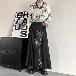 2025夏装新中式男女同款汉服印花黑色改良马面裙半身裙无性别裙裤图片