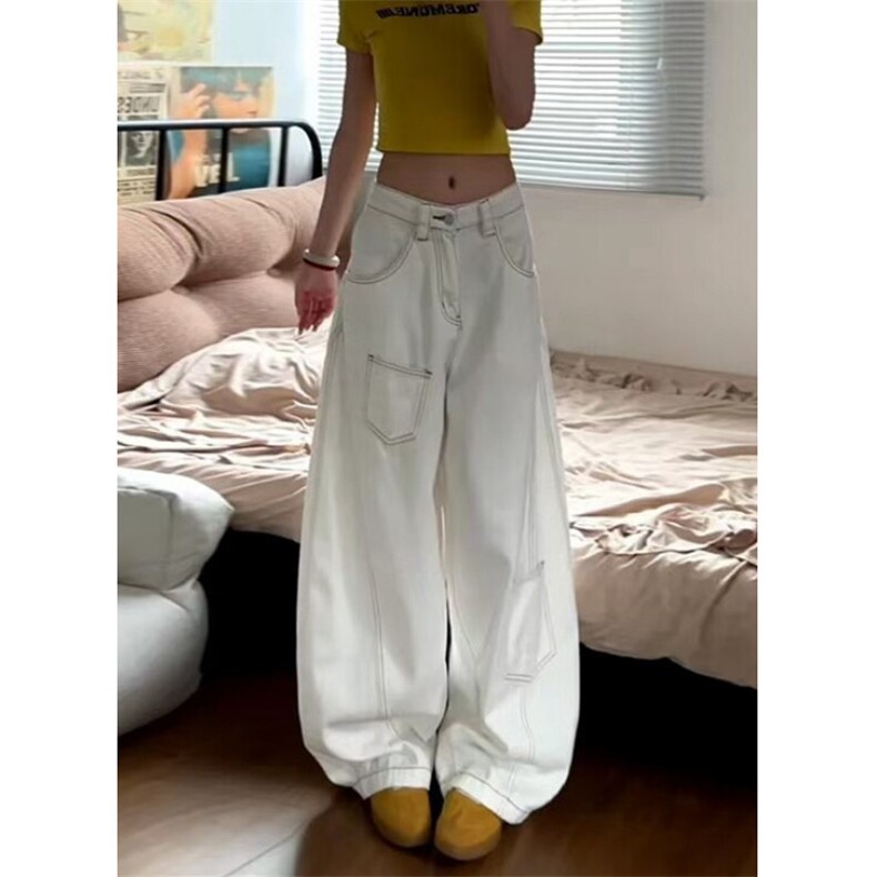 甜酷辣妹美式白色弯刀牛仔裤女设计感宽松高腰阔腿裤子L8279-P48,男装牛仔裤,星座1008