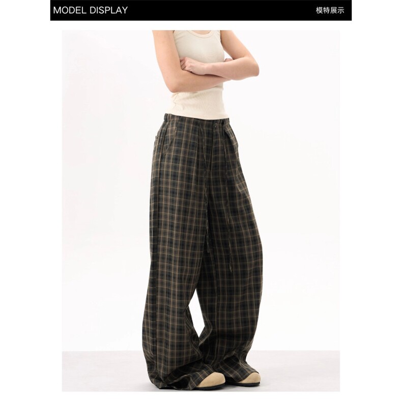 AK1951-P53美式复古宽松慵懒风阔腿百搭格子休闲裤，女装休闲裤，星座617A-2