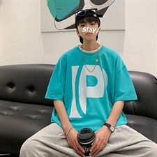 抖音供货、200克现货全棉印花宽松版型短袖T恤D223A-T2284-P20，男装T恤，电商019-1