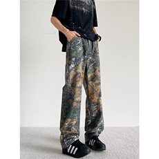 美式复古树枝迷彩工装牛仔裤男女高街宽松百搭小众设计阔腿休闲裤，男装牛仔裤，星座1013