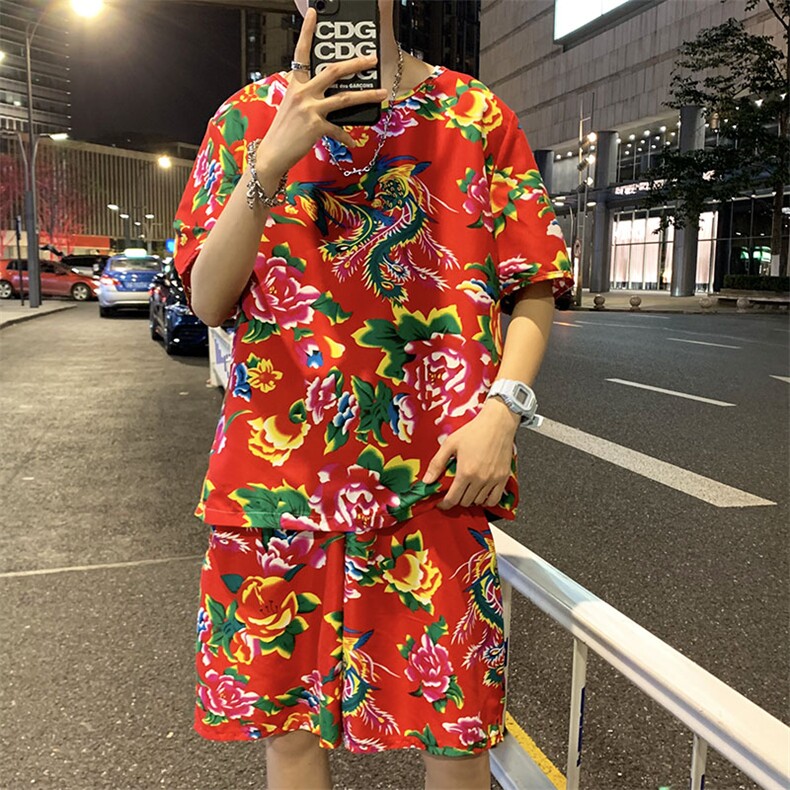 TZ203男女休闲东北大花短袖圆领T恤衫短裤可套装单选团队服风，男装休闲套装，星座115A(原星座507）