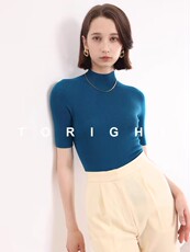 时尚显瘦百搭纯色简约半高领针织短袖，女装T恤，挚尚羊绒