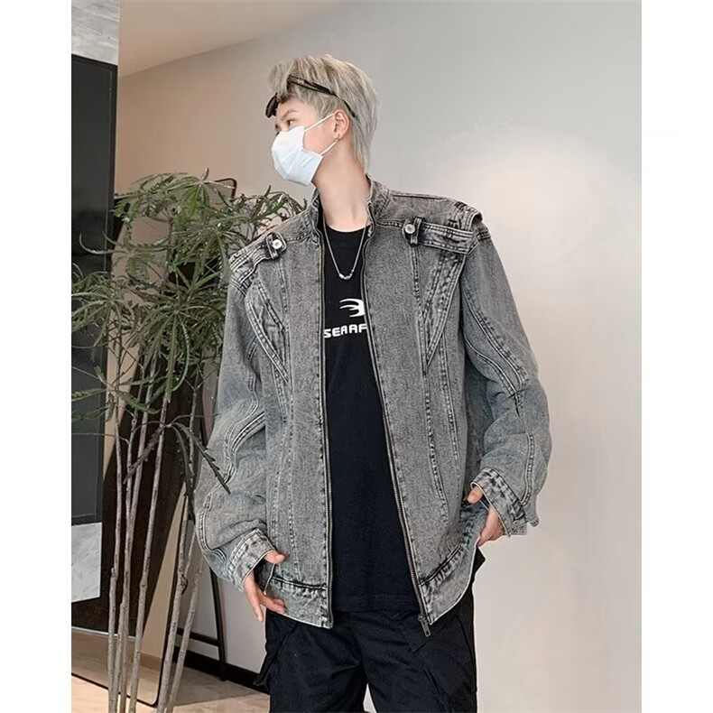 美式复古做旧水洗短款拼接牛仔外套潮牌金属设计感立领夹克男上衣,男装夹克,星座506