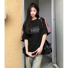 抖音得物品质二开240克宽松纯棉美式潮牌印花三条杠中性风短袖T恤，男装T恤，电商A486