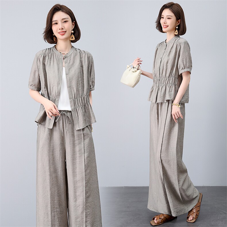 中年妈妈套装女亚麻天丝女2025夏季新款宽松遮肚子减龄阔腿裤，女装衬衫，曼沙奕珂