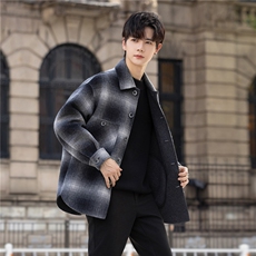 设计师款男士短款毛呢外套千鸟格翻领咖色呢子95371-P360控648，男装毛呢大衣，电商A355（原A415）