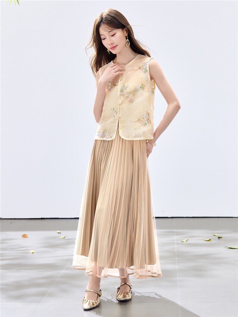 夏季新款现货！2026新中式重工洋气百搭款马甲+百褶半裙两件套女,女装套装/套裙,宝儿家