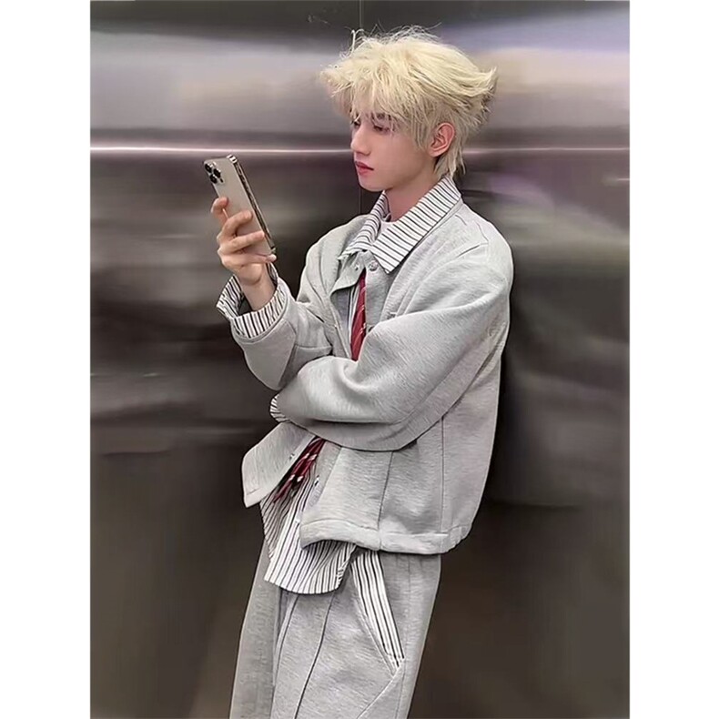 网图有货条纹衬衫假两件拼接开衫卫衣翻领宽松外套男女A997-P58,男装衬衫,星座1505