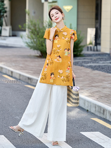 四季青2025夏季新款国风盘扣印花短袖衬衫时尚阔腿长裤女潮图片