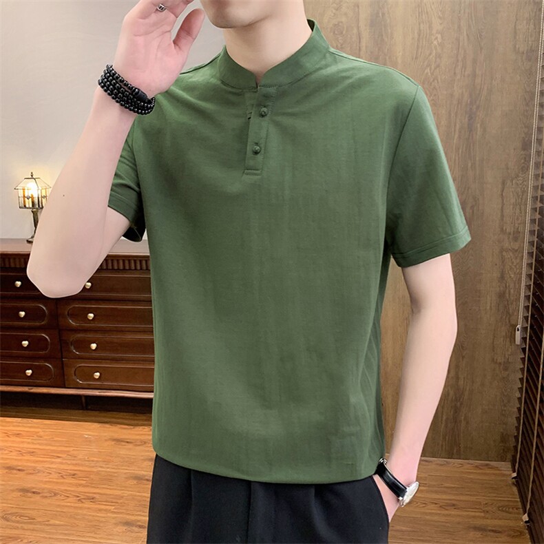 2025夏季棉麻透气清凉男士风盘扣短袖休闲T恤上衣XF9805-P50,男装T恤,星座1105-3