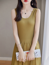 高级感冰丝针织吊带裙女夏新款长款收腰内搭无袖显瘦打底连衣裙子，女装连衣裙，暖姿羊绒