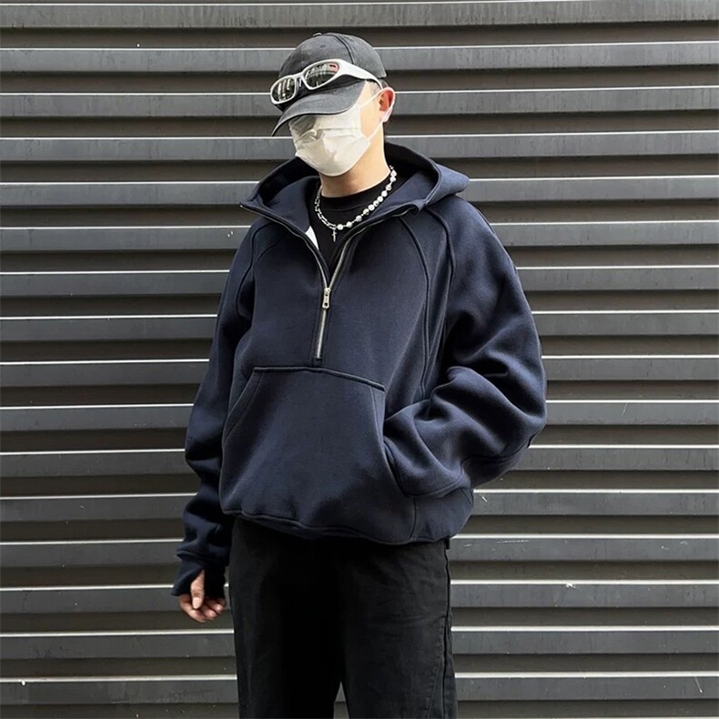 抖音得物二开美式重磅宽松结构拉链设计防风高领连帽卫衣外套W76,男装卫衣,电商A486