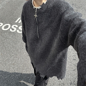 美式高街半拉链破坏毛衣男秋冬嘻哈潮牌情侣宽松慵懒风小众针织衫图片
