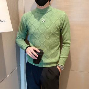 精神小伙秋冬季男士套头针织衫菱形格提花毛衣男C208-8891-特P48,深紫色的针织裙怎么搭配图片