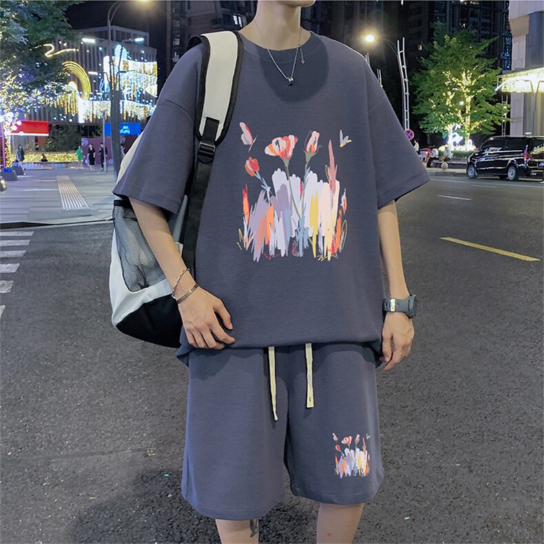 ！2024夏季新款男士华夫格短袖T恤套装青少年一套HTZ61P50,男装T恤,电商B220