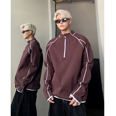 美式复古半高领半拉链卫衣男春秋季明线撞色情侣外套W505-P58，女装短外套，电商C307
