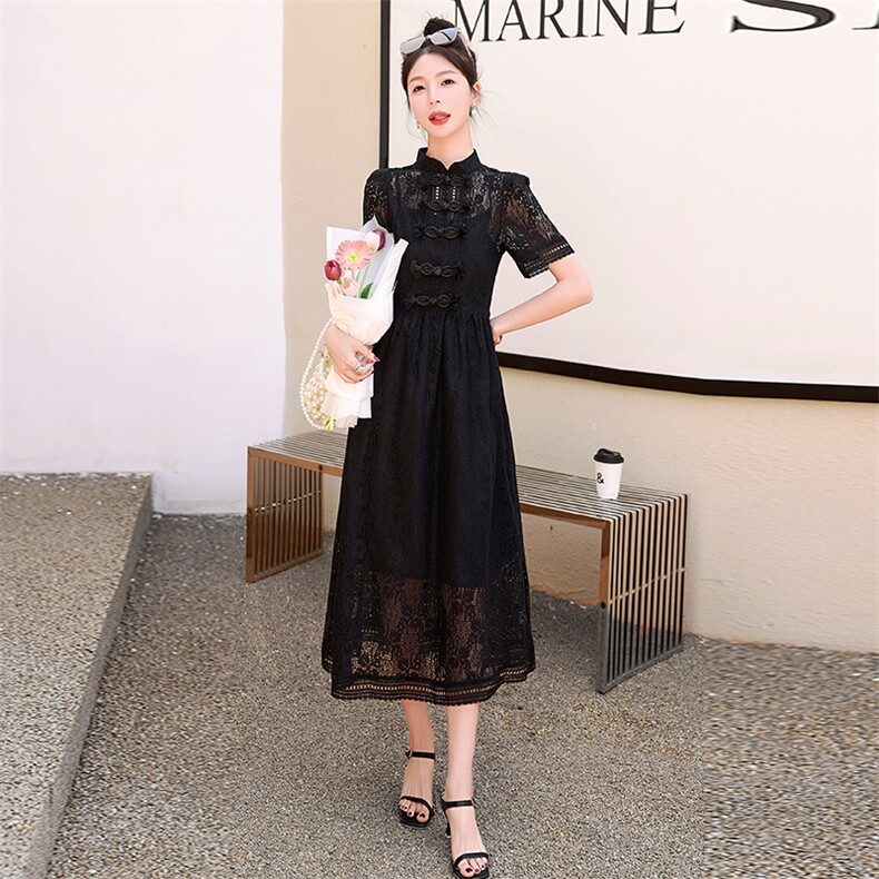 水溶蕾丝镂空连衣裙女夏季2024新款新中式复古改良旗袍长裙到脚踝,女装连衣裙,丽美静依