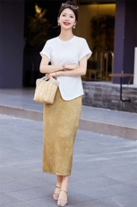夏季时尚套装女2024新款女装气质开叉短袖t恤半身长裙显瘦两件套，商品下架区，悠米