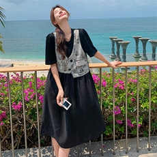 黑色拼接马甲假两件连衣裙女夏2025新款时尚宽松减龄超好看茶歇裙，女装连衣裙，2C129