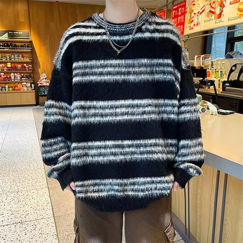 水貂绒条纹圆领毛衣男士秋冬季韩系潮牌宽松慵懒风情侣针织衫外套，男装针织衫/毛衣，星座410-6（原星座1304-1）