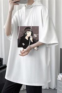 LD54122-P45 连帽短袖t恤男大码胖子带帽五分袖中袖图片