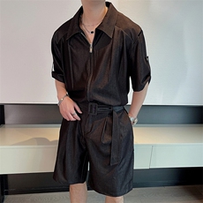 夏季网红时尚天丝牛仔中袖衬衫男套装时尚短裤两件套潮TZ262-P135，男装牛仔裤，电商B267