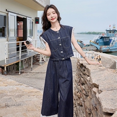 夏季淡人时尚减龄阔腿裤两件套潮女2025法式轻奢蕾丝拼接牛仔套装，女装套装/套裙，凯瑟曼