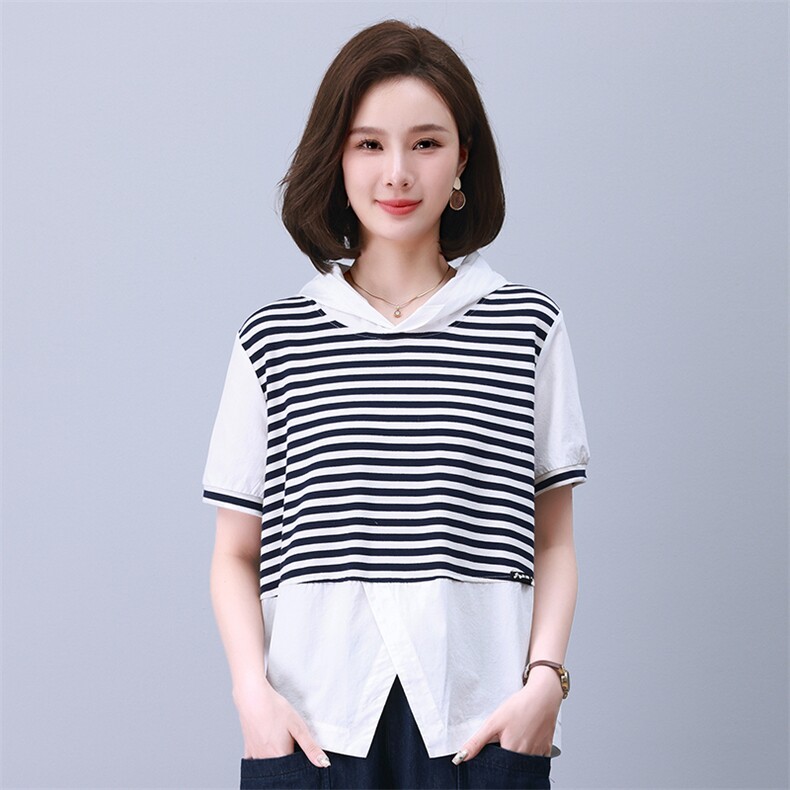 气质条纹卫衣外套女2025春秋新款假两件设计运动休闲潮流连帽上衣图片
