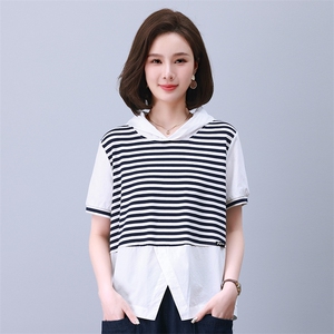 气质条纹卫衣外套女2025春秋新款假两件设计运动休闲潮流连帽上衣图片