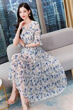 大摆型花色中腰A型雪纺2021年夏季通勤气质百搭连衣裙，女装连衣裙，丽美静依