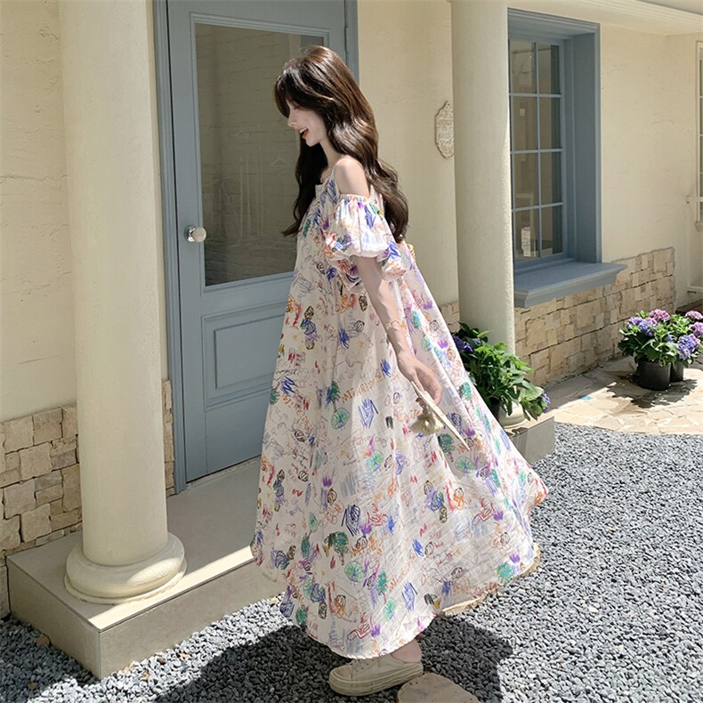 法式镂空露肩连衣裙女2025夏季新款超好看甜美减龄度假风碎花长裙,女装连衣裙,2C110