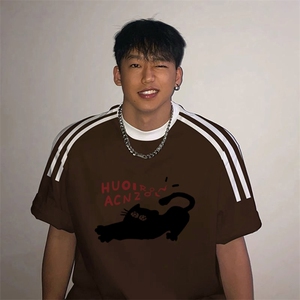 夏季美式高街重磅纯棉三条杠织带撞色男女短袖T恤ZD568-特P30图片