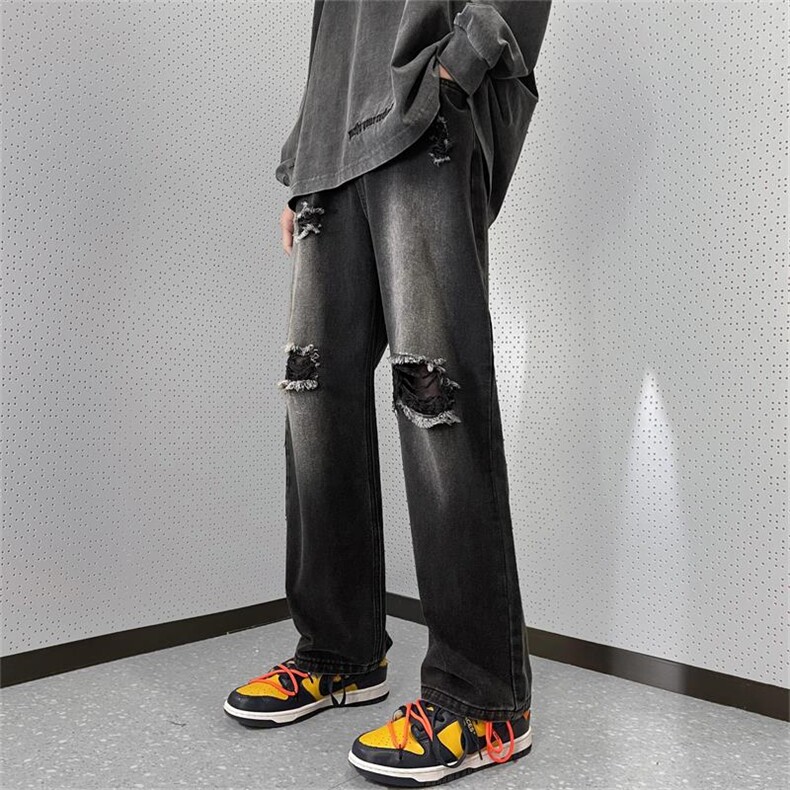 牛仔裤炸街风破洞补丁男裤灰色复古水洗做旧B225-K2389-P63-X78,男装牛仔裤,电商B225