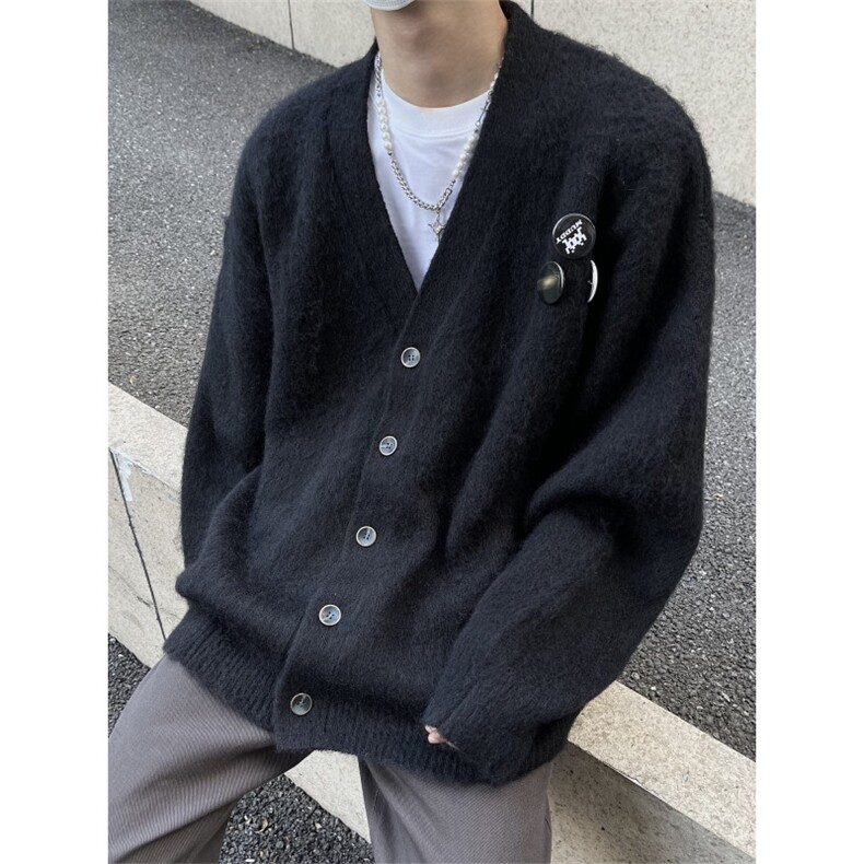 高级感紫色百搭V领针织开衫男女秋冬新款胸针宽松慵懒风毛衣外套，男装针织衫/毛衣，星座1210-1