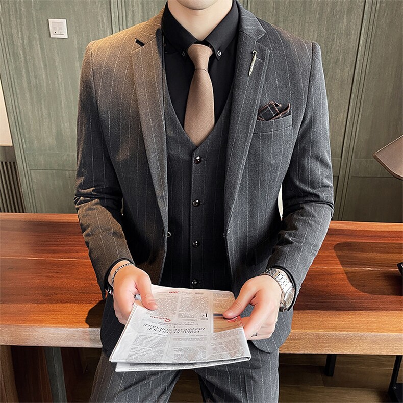春秋韩版男士西服套装休闲竖条纹西装三件套新郎结婚礼服,男装西服套装,星座1012