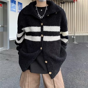 撞色条纹开衫毛衣男冬季针织衫美式潮流宽松慵懒风条纹开衫毛图片