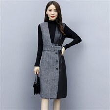 冬装新款潮流时尚人字呢拼皮背心裙两件套舒适修身（配腰带）图片