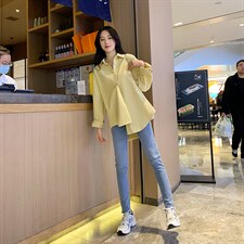 衬衫女士清新春夏新款纯色中长款宽松长袖上衣外穿打底衬衣外套，女装衬衫，梦懿尔