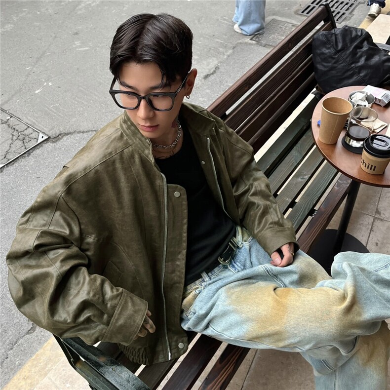 现货蜡洗龟裂纹两色高品质水洗做旧PU皮夹克W2509P128,男装夹克,电商C313