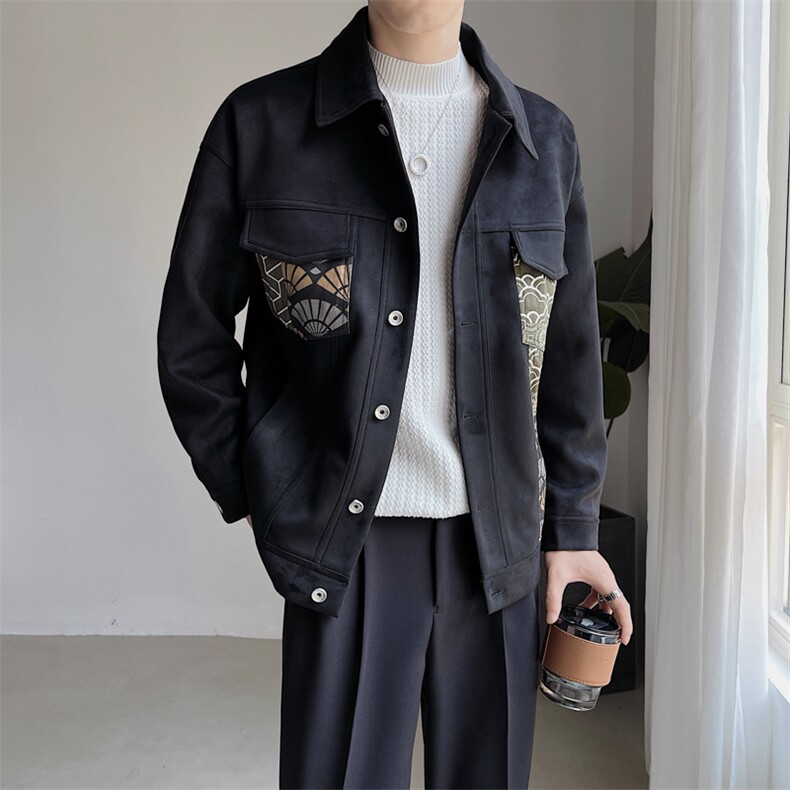秋冬新款2023店主风抖音鹿皮绒夹克拼接口袋外套男JK-3005-P130,男装夹克,电商A236