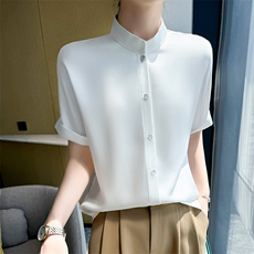 新中式新款醋酸缎面白色短袖衬衫女T恤夏立领小西装内搭上衣衬衣，女装T恤，九戎